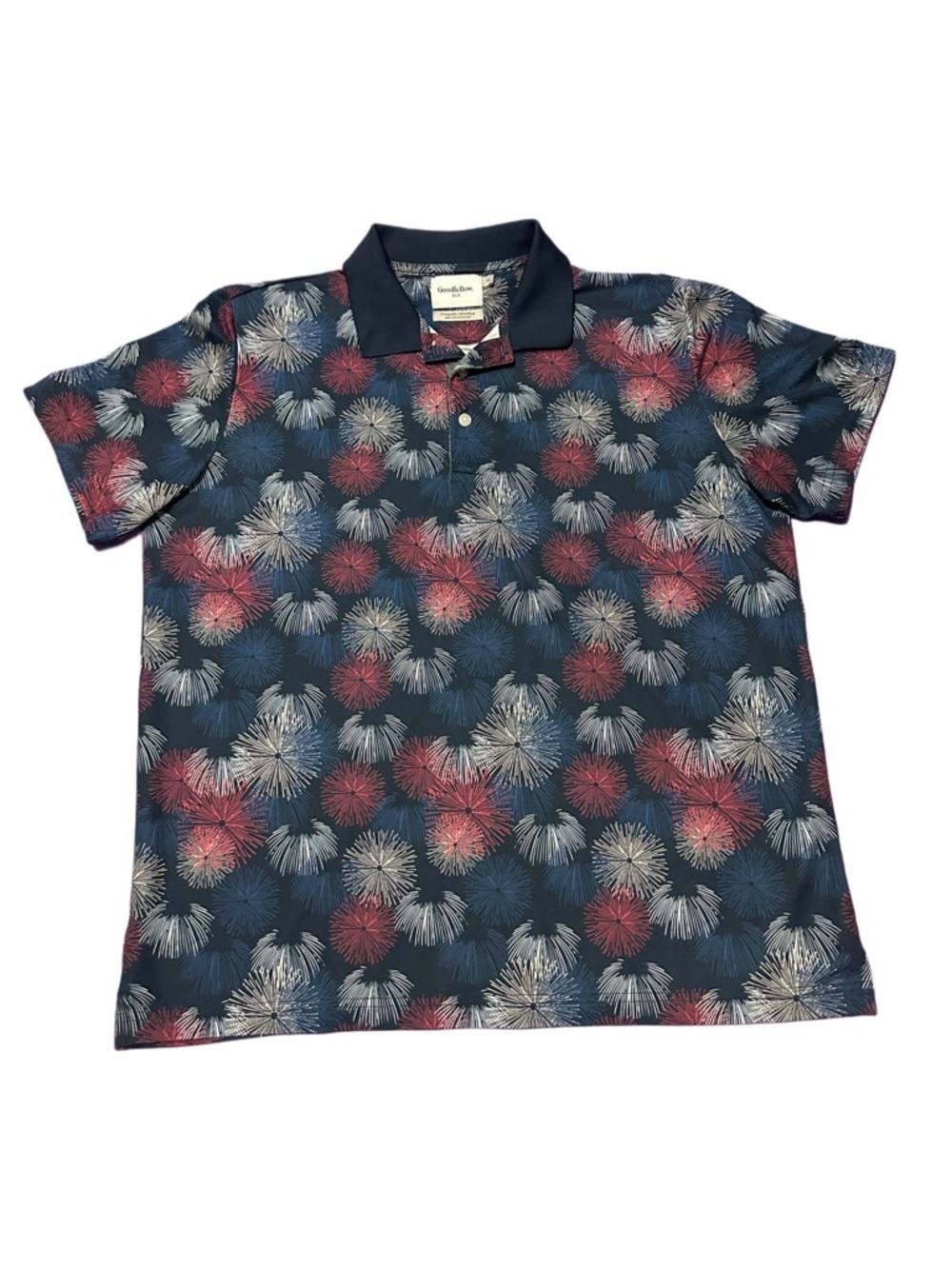 Goodfellow & Co Navy Polo with Red & White Firework Print